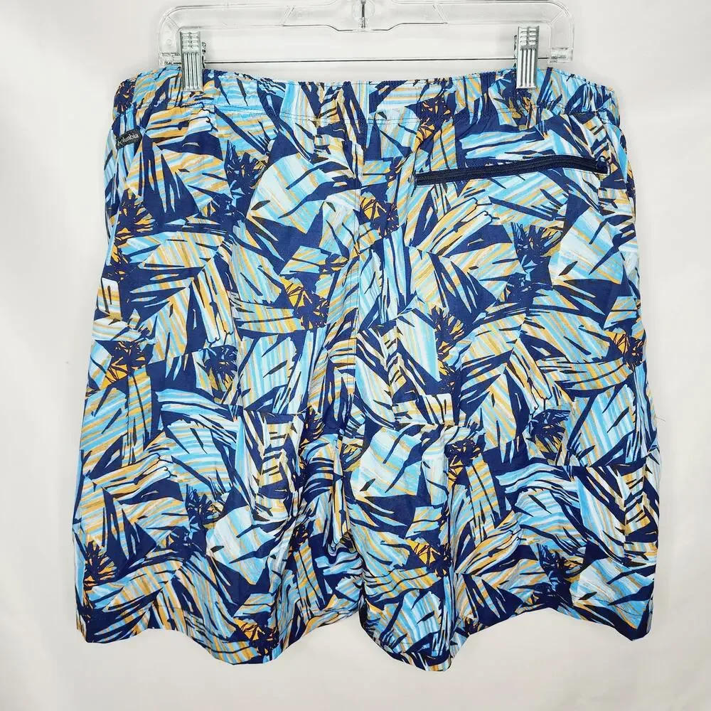 Columbia Omni Shade Swim Shorts Men's XL Blue Tropical Palm Print Lined Coastal